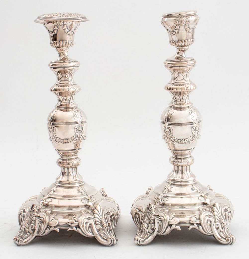 Appraisal: FRAGET POLISH SILVERPLATE SHABBAT CANDLESTICKS PR Pair of Fraget Polish