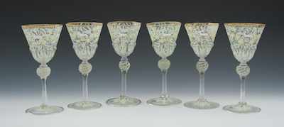 Appraisal: Six Moser Style Enameled Wine Glasses Delicate cristallo wine glasses