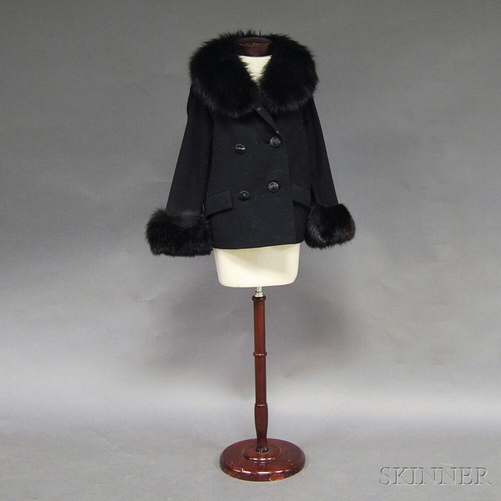 Appraisal: Black Wool Jacket with Fur Collar and Cuffs with silk