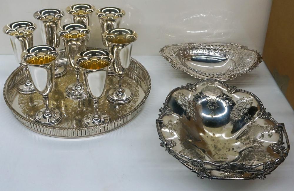 Appraisal: EIGHT HARTS SILVERPLATE GOBLETS WITH GALLERY TRAY AND TWO SILVERPLATE