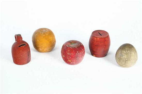 Appraisal: FIVE REDWARE BANKS Late th-early th century Includes an apple