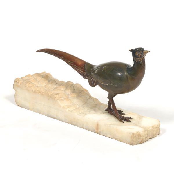 Appraisal: BRONZE PHEASANT ON ALABASTER BASE x x Cast bronze sculpture