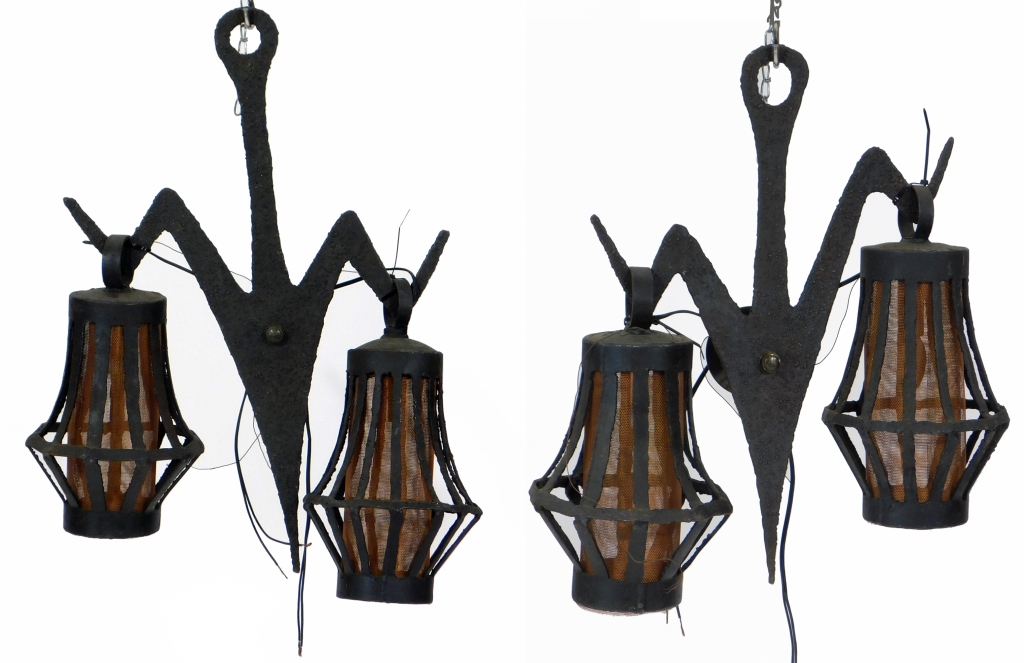 Appraisal: CAST METAL BRUTALIST DOUBLE LANTERN WALL SCONCES United States th