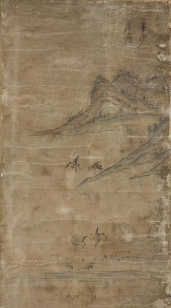 Appraisal: Antique Asian Scroll Watercolor possibly Korean depicts geese gathering by