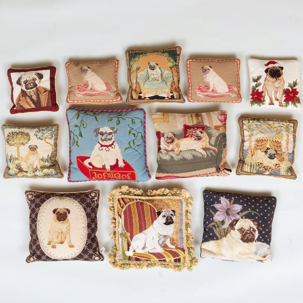 Appraisal: Group of Twelve Pug Needlepoint Pillows Of various sizes and