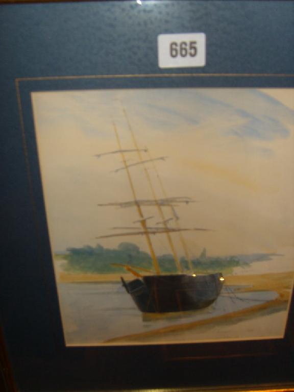 Appraisal: A watercolour of a moored barque inscribed Waterlogged Norwegian Barque