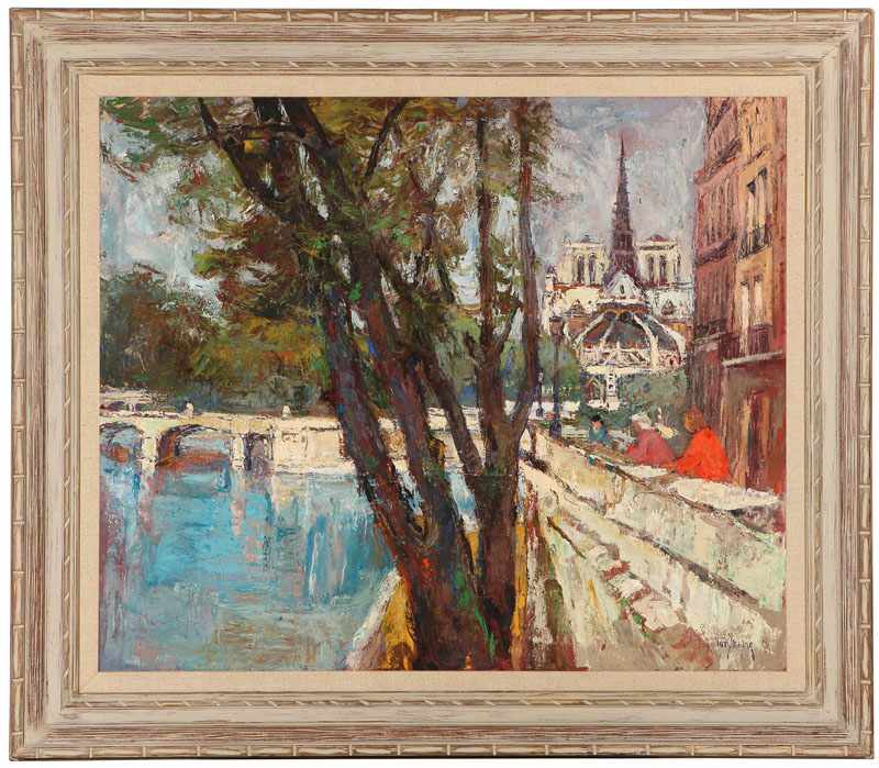 Appraisal: 'Along the Seine Paris Behind Notre Dame '' Figures Walking