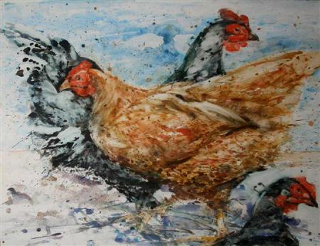 Appraisal: SARAH MCLAREN SCOTTISH CONTEMPORARY THREE HENS Watercolour on paper cm