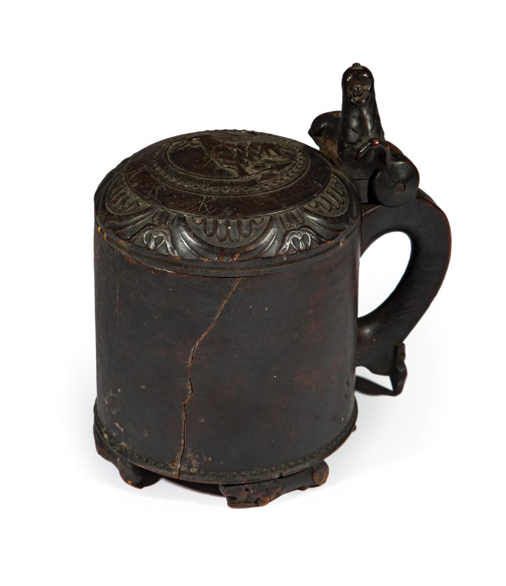 Appraisal: Norwegian Carved Walnut Tankard th c hinged lid with lion