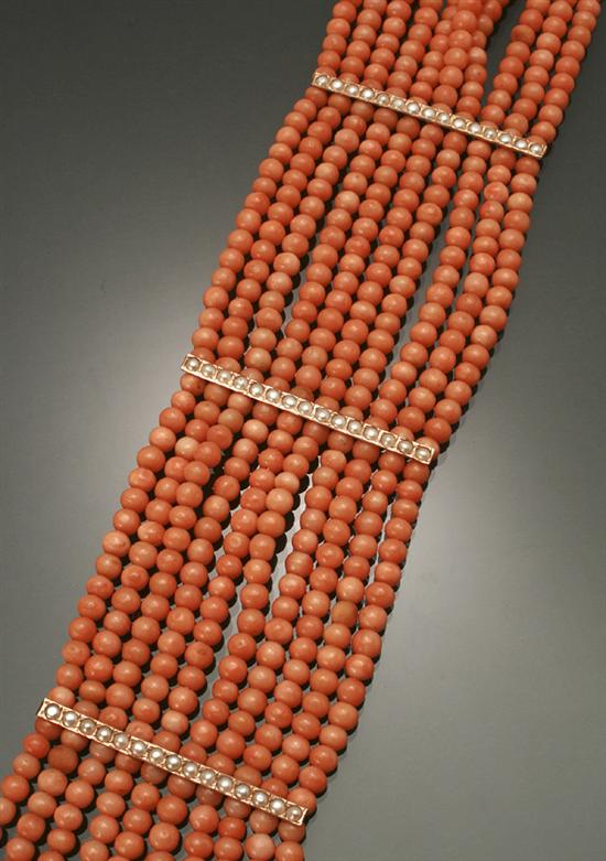 Appraisal: Victorian Choker Length -Karat Yellow-Gold Orange Coral and Seed Pearl