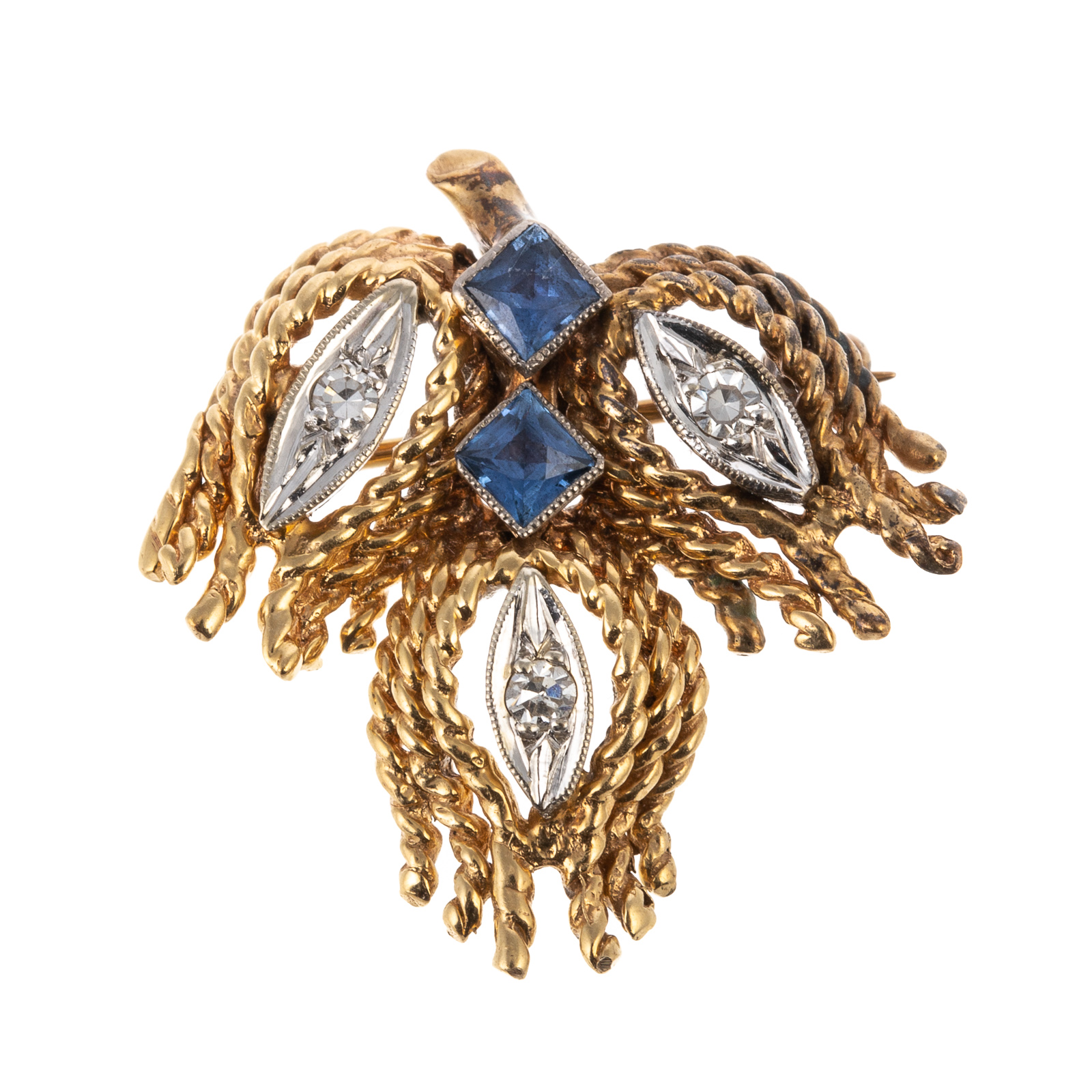 Appraisal: A SAPPHIRE DIAMOND LEAF PIN IN K K yellow gold