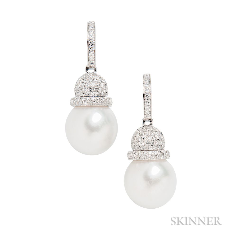 Appraisal: kt White Gold South Sea Pearl and Diamond Earrings kt