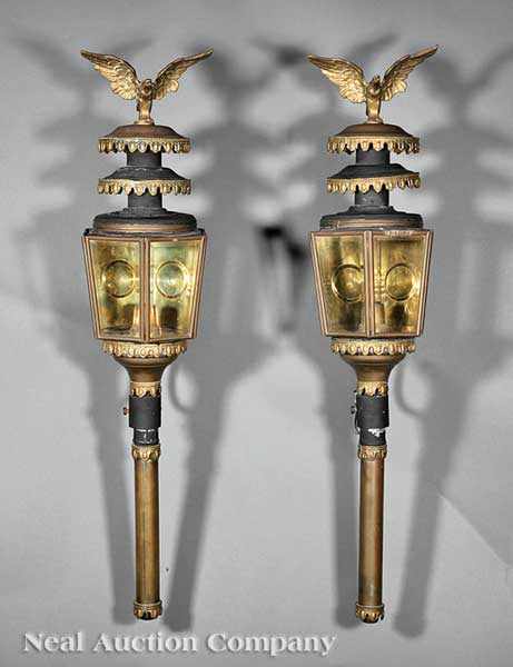 Appraisal: A Pair of American Brass Carriage Lamps eagle finial galleried