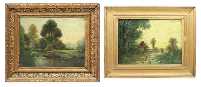 Appraisal: lot of Framed oil on panel paintings including Row Boat