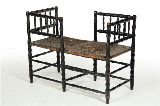 Appraisal: TETE-A-TETE SETTEE American th century hardwood Bamboo turnings with old