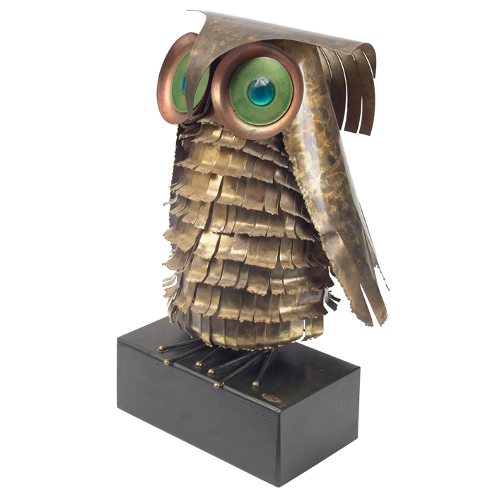 Appraisal: Curtis Jere Owl sculpture handmade brass form with blue and