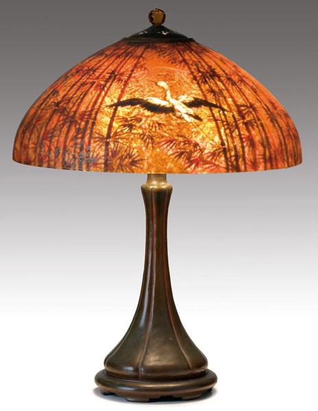 Appraisal: HANDEL Table lamp with a chipped glass shade reverse-painted with