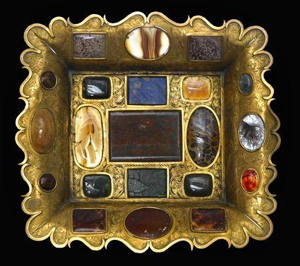 Appraisal: CONTINENTAL BAROQUE HARDSTONE-MOUNTED ENGRAVED GILT-METAL TRAY Of angular outline the