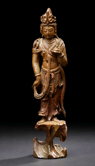 Appraisal: Tall Chinese Carved Wooden Figure of the Bodhisatva Guan Yin