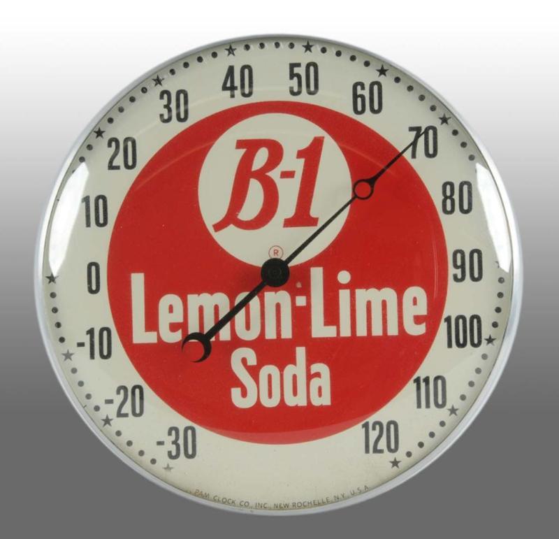 Appraisal: B- Lemon-Lime Soda Round Pam Thermometer Description Displays well with