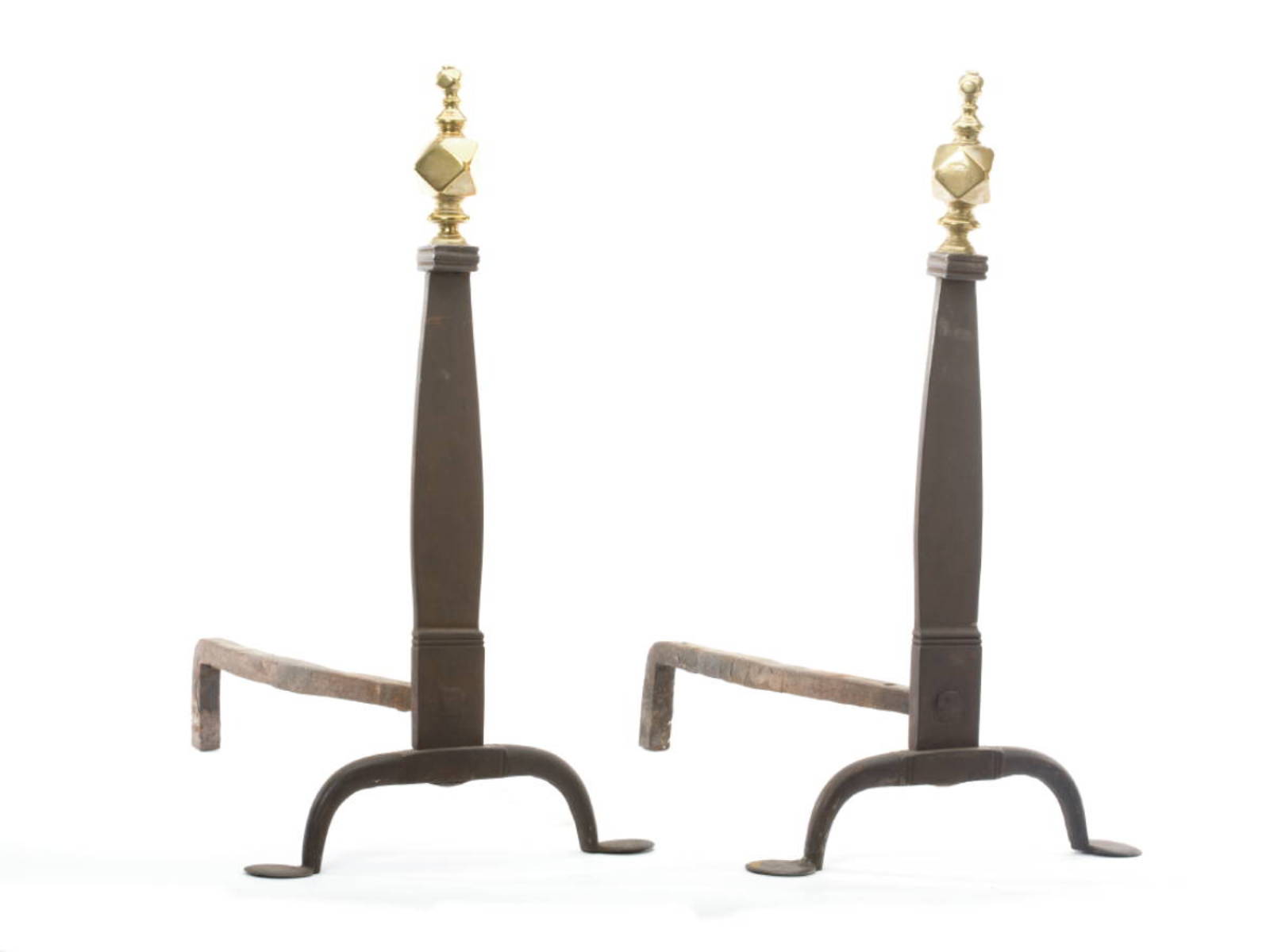 Appraisal: PAIR OF AMERICAN WROUGHT IRON ANDIRONS WITH BRASS NAIL-HEAD FINIALS