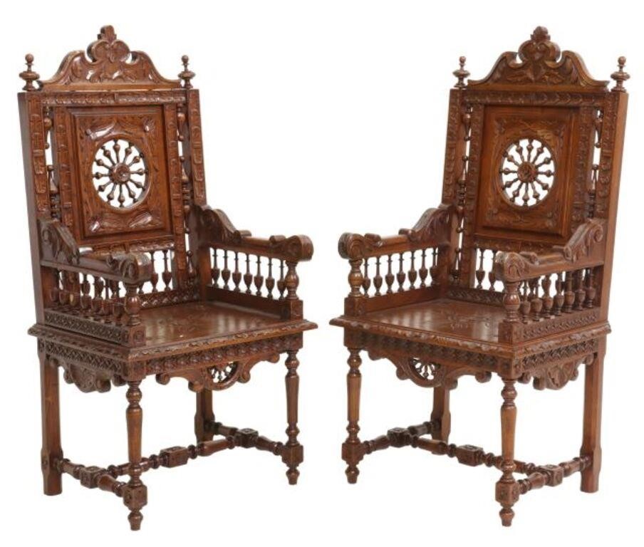 Appraisal: pair French Breton carved oak armchairs late th c having