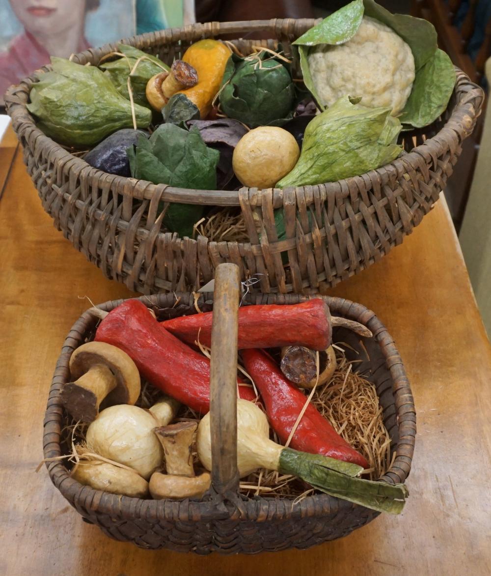 Appraisal: TWO BASKETS AND GROUP OF ASSORTED PAPIER MACHE VEGETABLESTwo Baskets