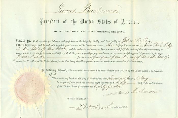 Appraisal: JAMES BUCHANAN PRESIDENT OF THE UNITED STATES APPOINTMENT OF JOHN