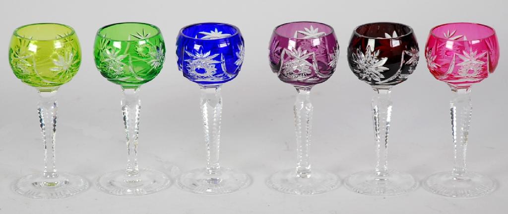 Appraisal: SET OF CUT GLASS TALL STEMMED LIQUEUR GLASSES with harlequin