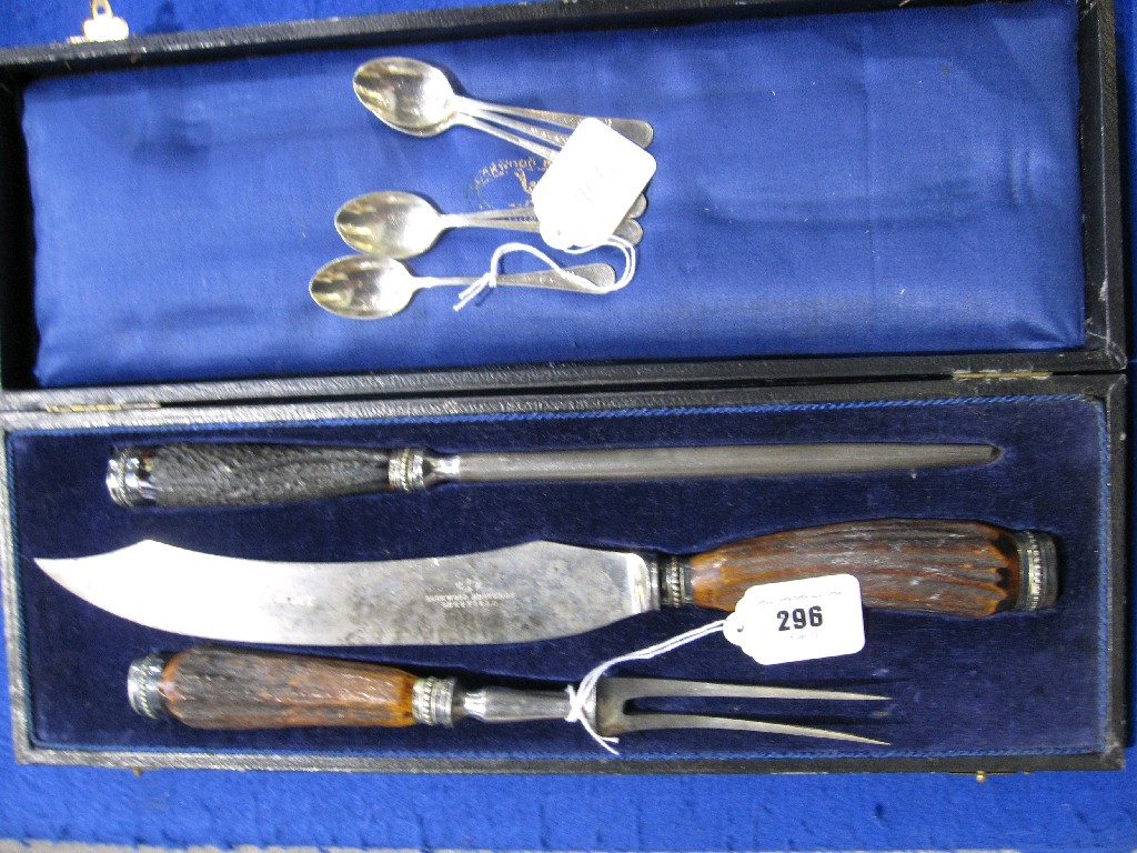 Appraisal: Lot comprising cased carving set and six silver spoons