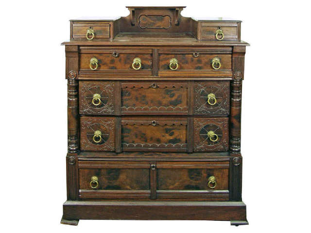 Appraisal: Double handkerchief step back walnut dresser features burled panels scalloped