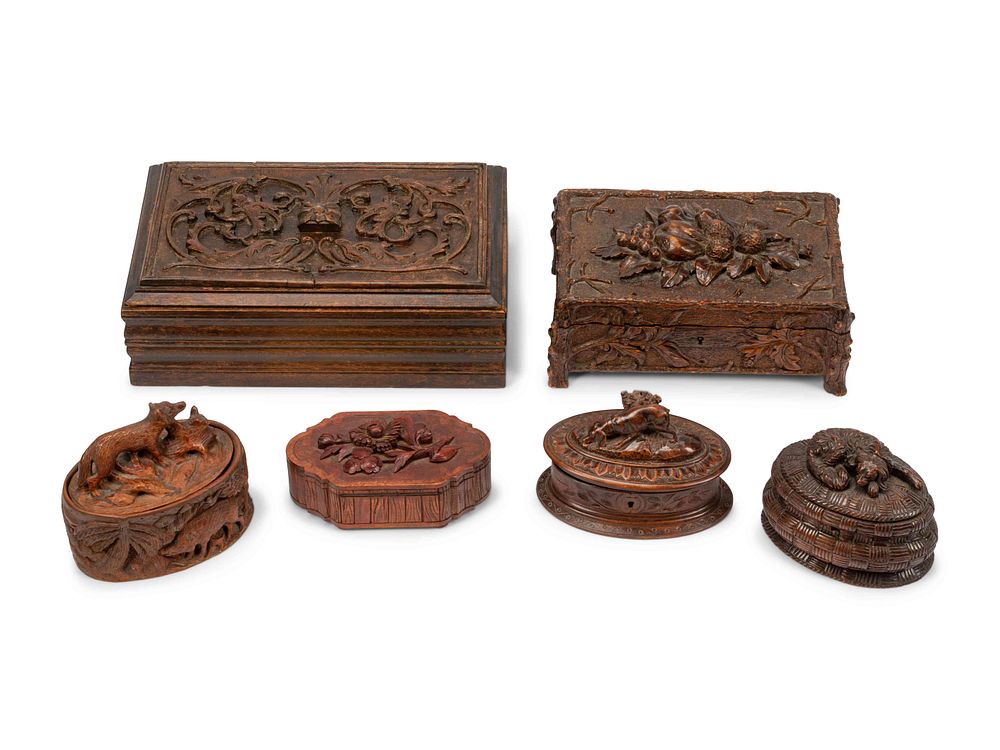 Appraisal: Six Continental Carved Wood Boxes Six Continental Carved Wood Boxes