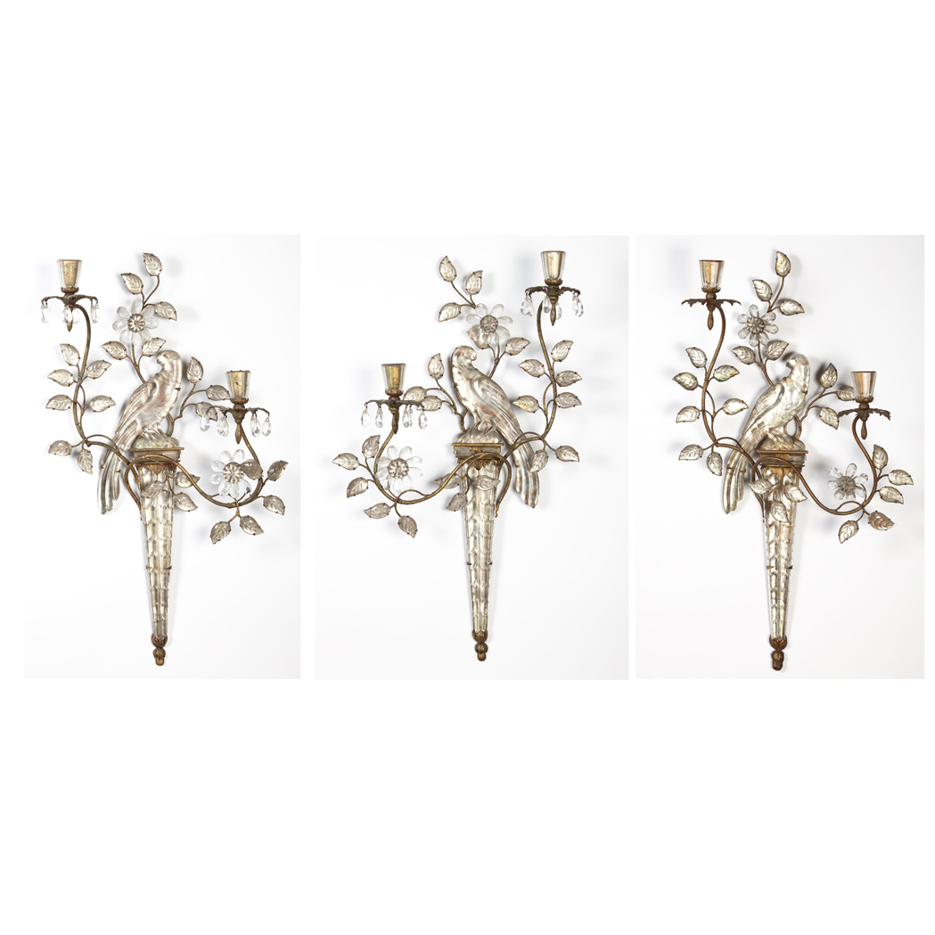 Appraisal: Set of Three Gilt-Metal and Molded Clear Glass Two-Light Wall