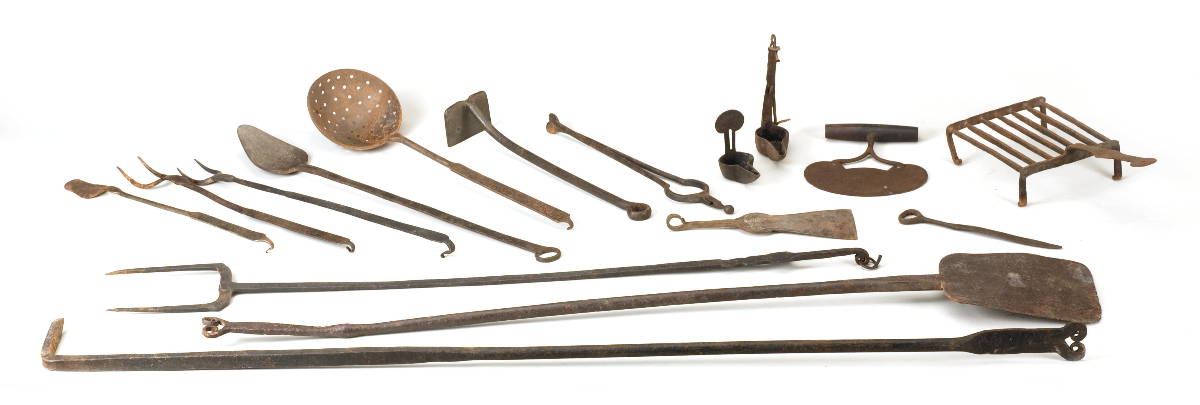 Appraisal: SIXTEEN EARLY AMERICAN WROUGHT IRON HEARTH UTENSILS Including a peel