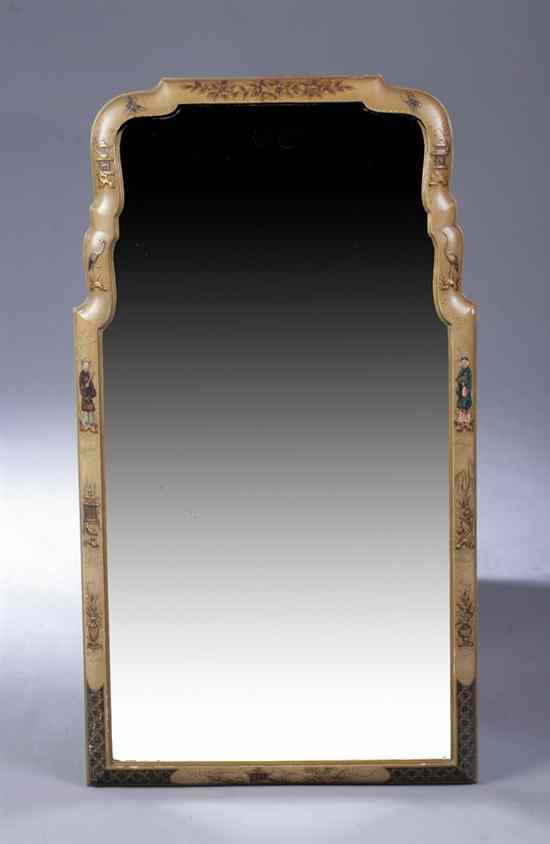 Appraisal: GEORGIAN STYLE CHINOISERIE-DECORATED WALL MIRROR Shaped frame encompassing beveled plate