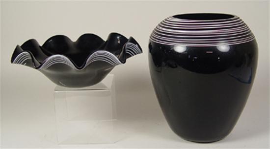 Appraisal: Black Glass Vase Bowl 's black glass with applied white