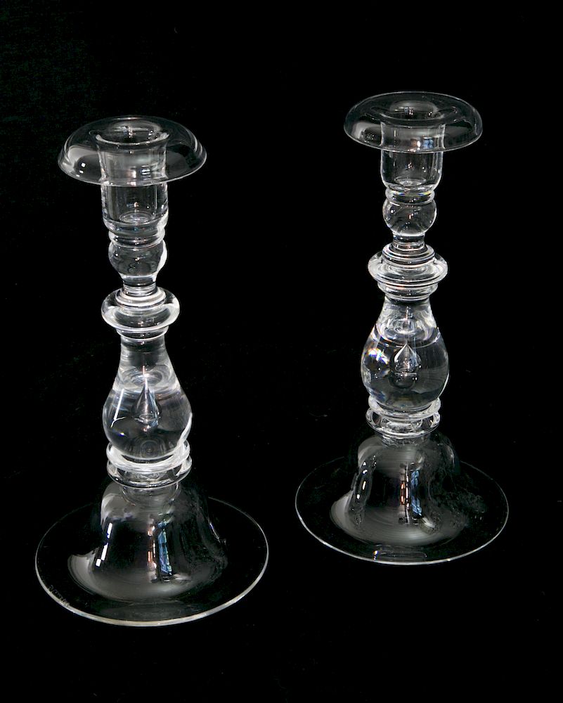 Appraisal: Pair of Signed Steuben Clear Glass Bell Base Candlesticks Pair