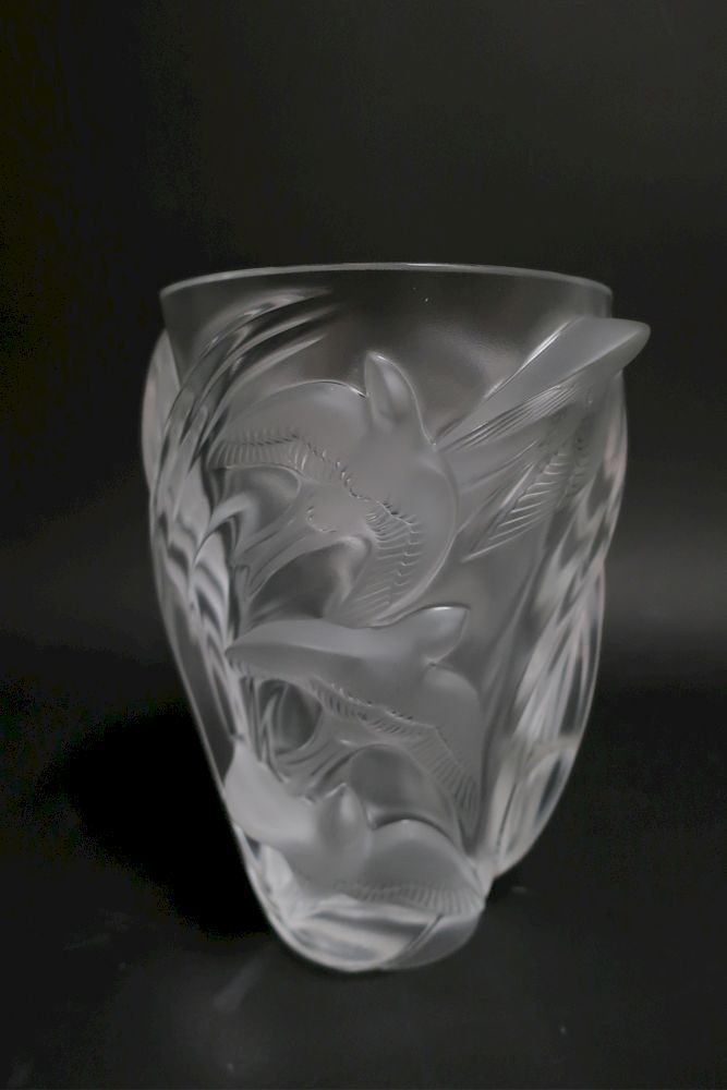 Appraisal: Lalique Martinets Vase with Doves Script Signature Lalique France H