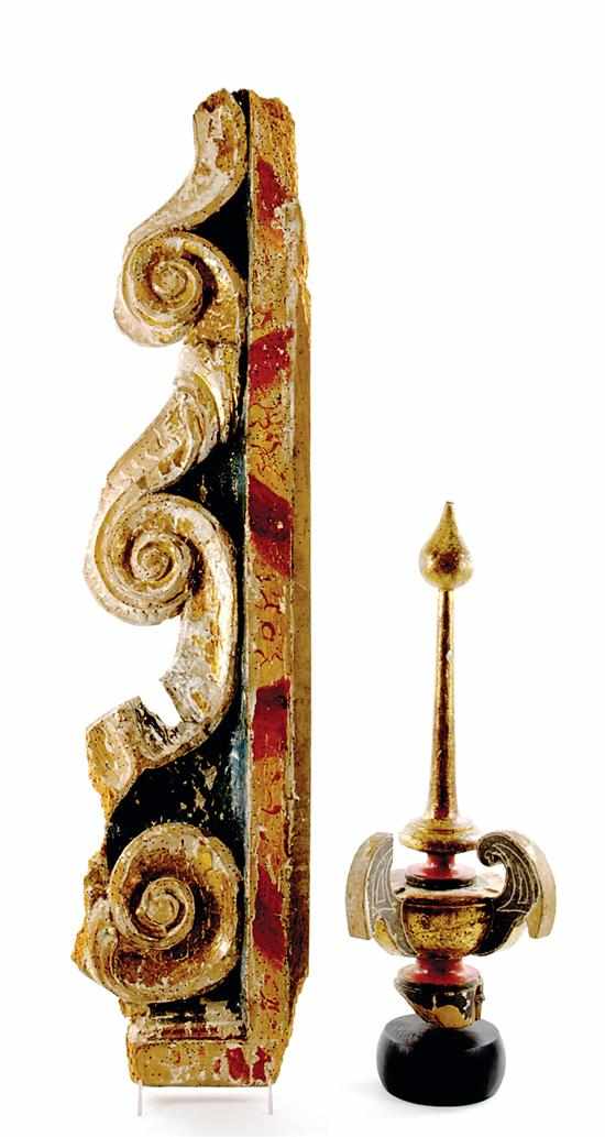 Appraisal: Continental carved and polychrome architectural element fragments th century parcel-gilt