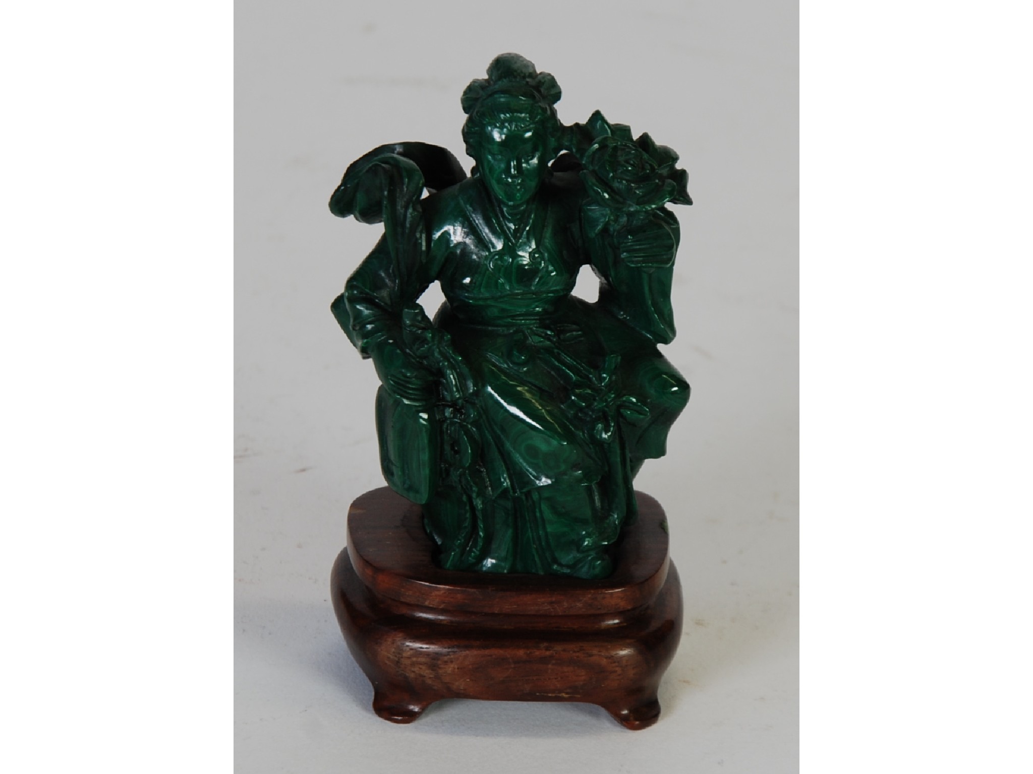 Appraisal: AN ORIENTAL CARVED MALACHITE FIGURE OF A SEATED FEMALE DEITY