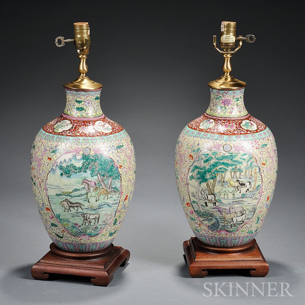 Appraisal: Pair of Famille Rose Vases Mounted as Lamps China early