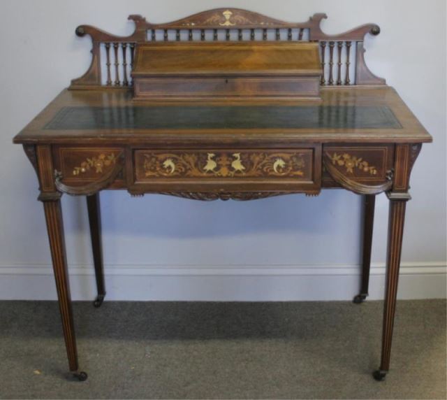 Appraisal: Edwardian Mahogany Inlaid Leather Top WritingDesk From a Madison Ave