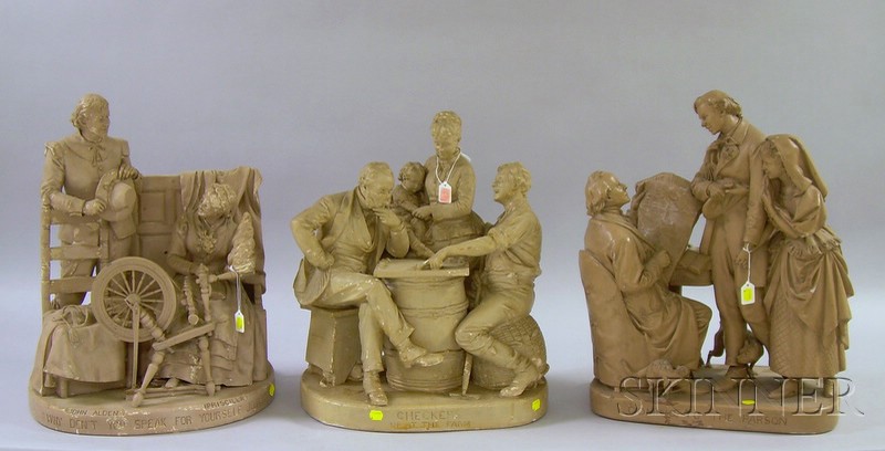 Appraisal: Three John Rogers Painted Plaster Figural Groups Checkers up at