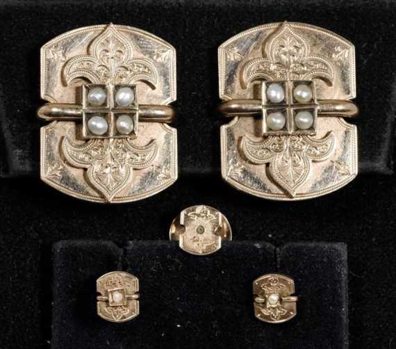 Appraisal: GOLD AND PEARL CUFF LINKS WITH THREE SHIRT BUTTONS ca