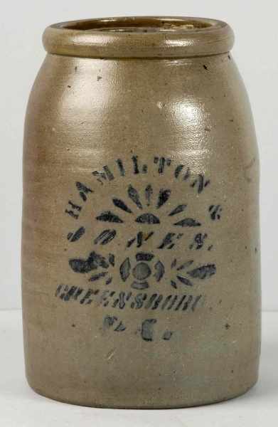 Appraisal: Stoneware Hamilton Jones Jar Description With stenciled blue decorations Missing