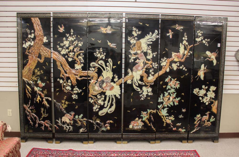 Appraisal: CHINESE SIX-PANEL FLOOR SCREEN one side featuring applied hard and