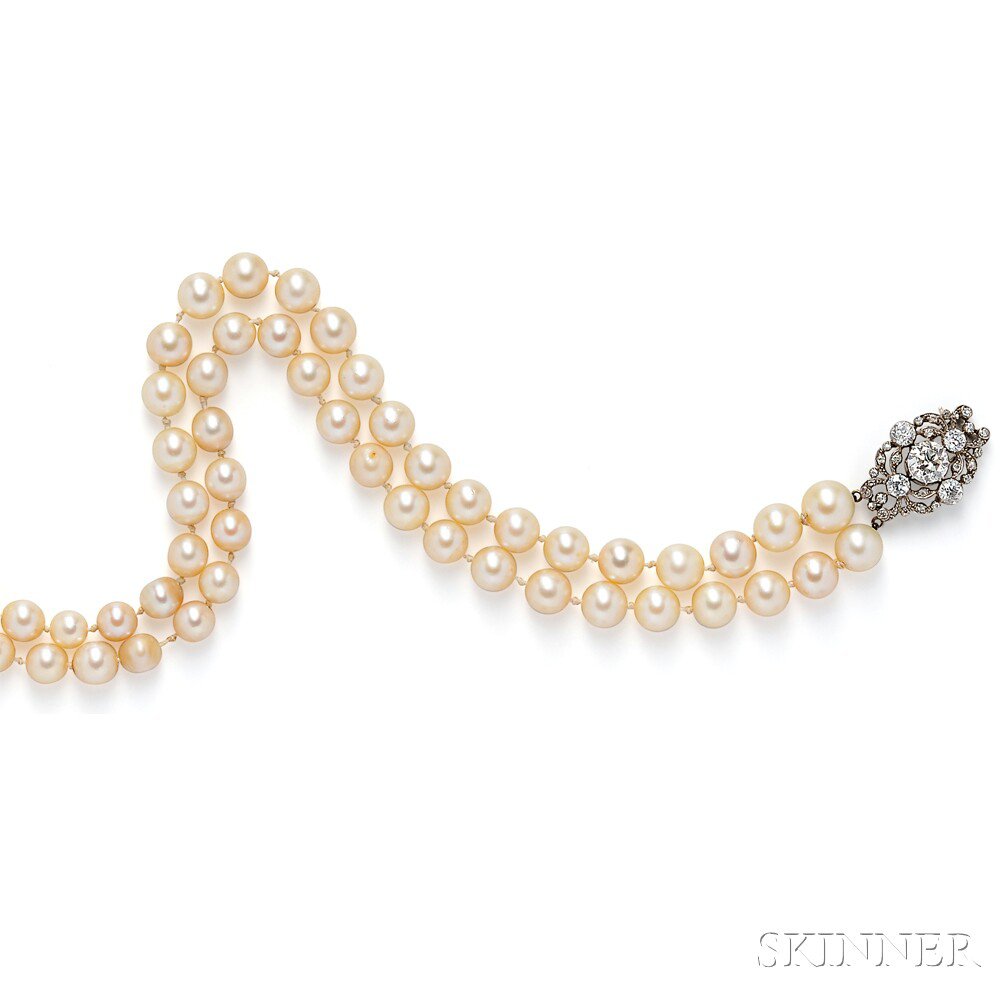 Appraisal: Antique Diamond Clasp with Cultured Pearl Necklace bezel-set with an