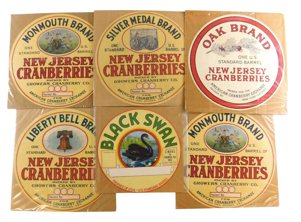 Appraisal: Six vintage cranberry barrel top labels early th C brands