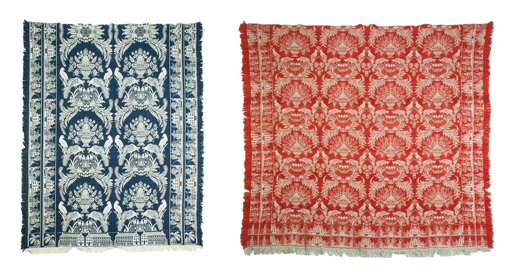 Appraisal: TWO AMERICAN JACQUARD COVERLETS Both with variations of Birds Feeding