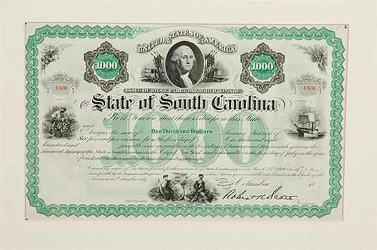 Appraisal: South Carolina Reconstruction-era bond State of South Carolina Bond issued